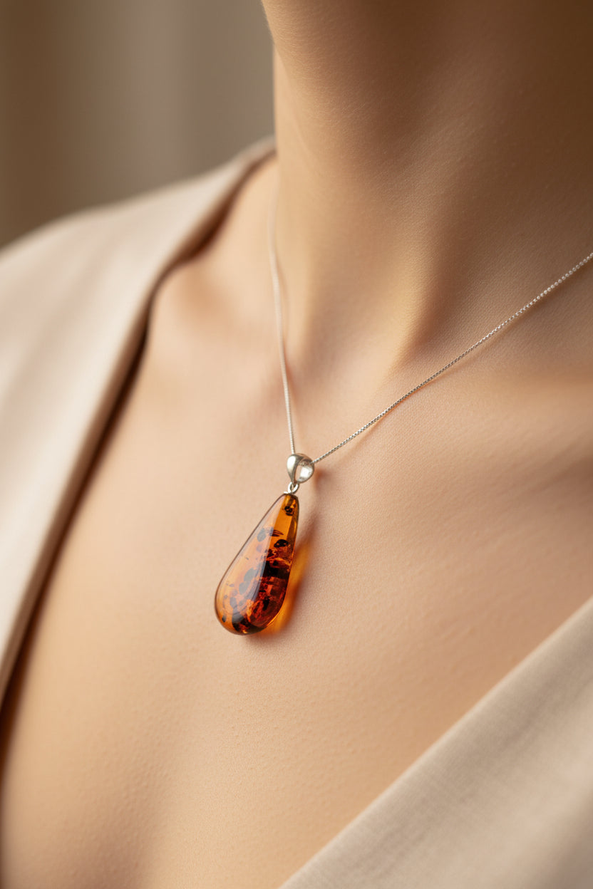 Baltic Amber and Stamped 925 Silver Pendant Long Teardrop L