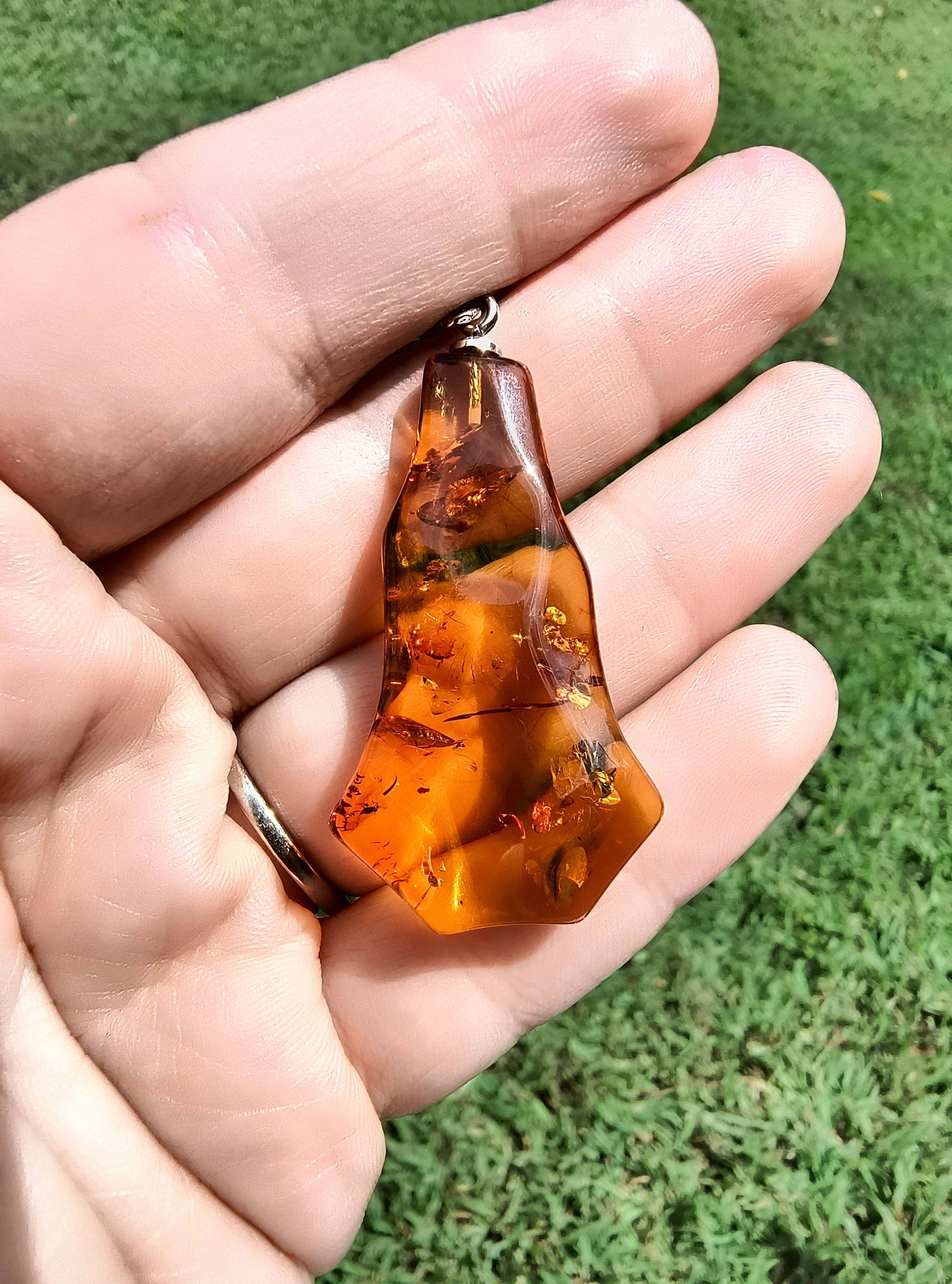 Baltic Amber and Stamped 925 Silver Free Shape Pendant M