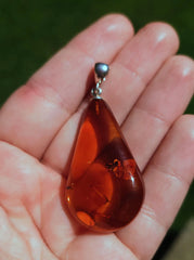Baltic Amber and Stamped 925 Silver Pendant Long Teardrop L